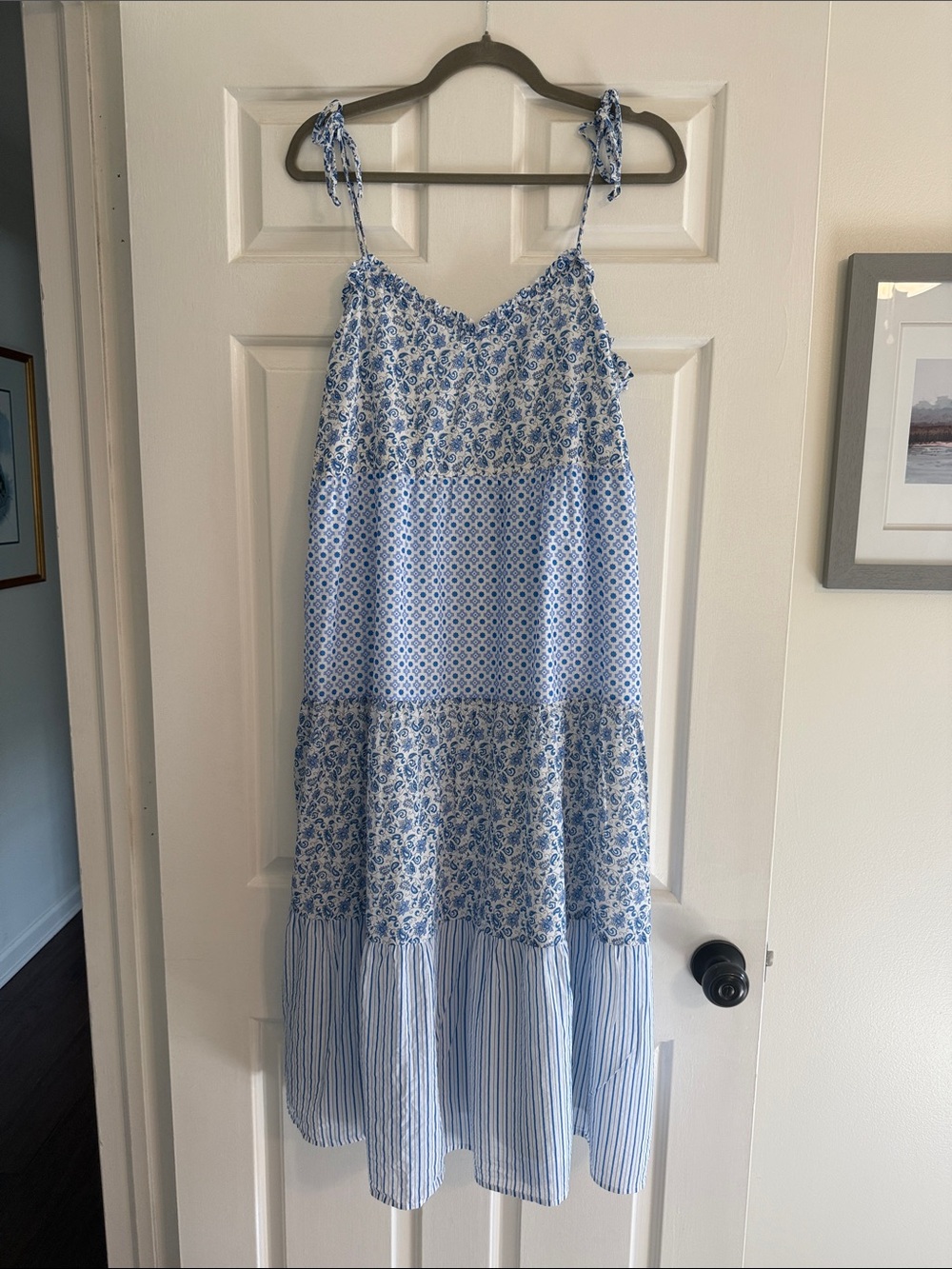J. Crew Light Blue & White Patchwork Midi Sundress